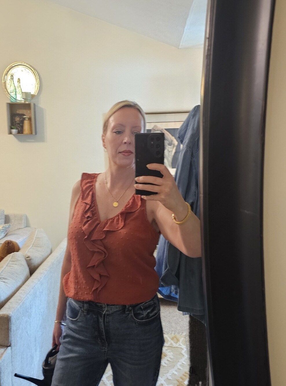 LC Lauren Conrad Brick Red Ruffle V-Neck Sleeveless Top